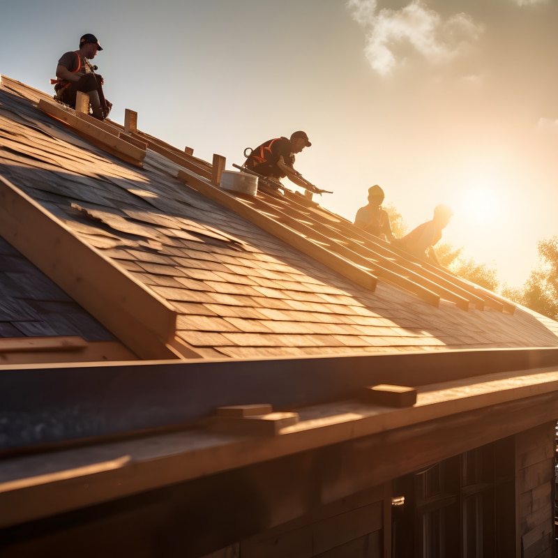 Quatre couvreurs professionnels installent des bardeaux de bois sur un toit. La scène est baignée par la lumière dorée du coucher de soleil.