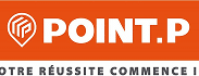 Logo Point.P sur fond orange, avec un symbole de localisation et la lettre P stylisée. Slogan en dessous: Votre réussite commence ici.