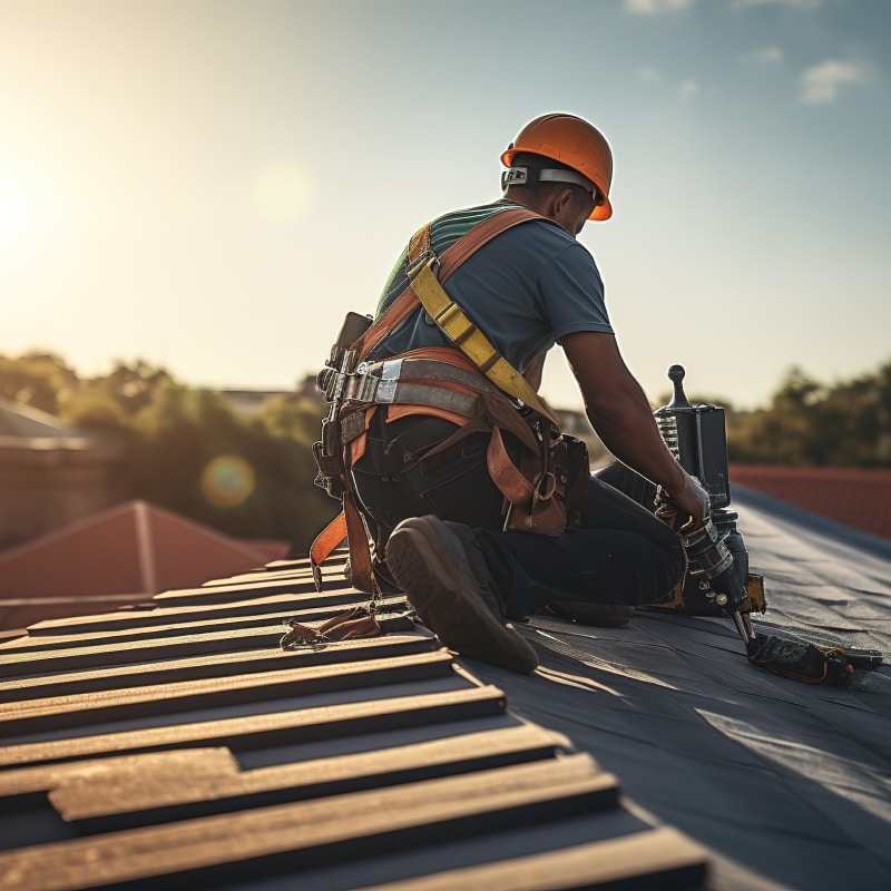 Roofer équipé travaillant sur un toit métallique au coucher du soleil, casque et harnais de sécurité visibles.